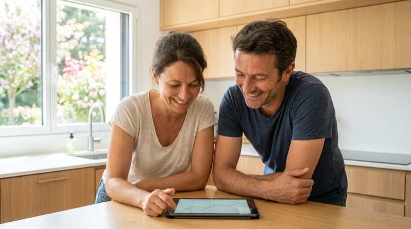 Couple consultant la production de ses panneaux solaires sur une tablette dans sa cuisine