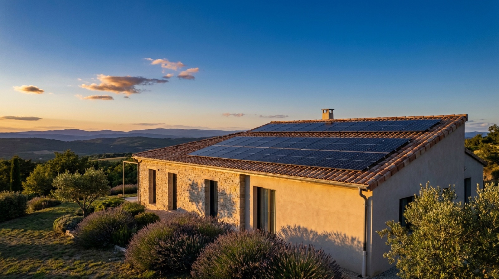 Maison en pierre équipée de panneaux photovoltaïques sur sa toiture en tuiles, au coucher du soleil