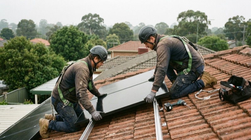 Deux installateurs harnachés fixant un panneau solaire sur les rails d'une toiture résidentielle