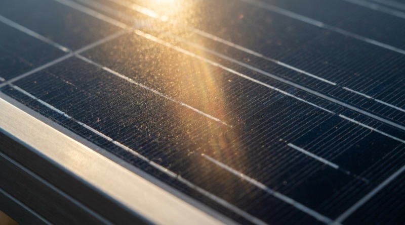 Gros plan sur les cellules et les busbars d'un panneau solaire hybride sous un reflet de soleil
